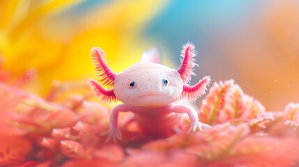 Adorable pink axolotl with feathery gills in vibrant underwater world