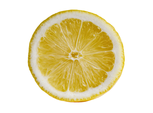 Close-up of a lemon slice, centered on a black background.  The slice is a vibrant yellow, revealing the segmented interior.  A crisp, detailed view shows the inner pith