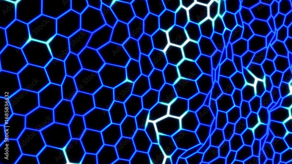 Poster futuristic glowing hexagonal grid pattern with blue electric lines