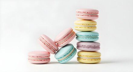 Pastel macarons stacked neatly on white background, elegant dessert photo.