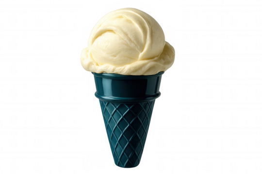 Vanilla ice cream cascading from teal blue cone, dripping over edges with smooth, creamy texture against transparent background