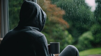 Hoodie figure watches rain, holding mug; pensive, muted tones, nature backdrop