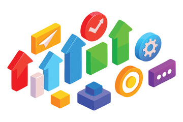Isometric 3D business growth icons and charts on white background arrow graph