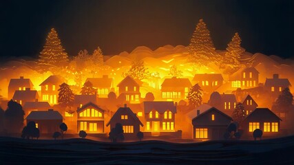 Paper cutout houses glowing warmly in cozy neighborhood at night