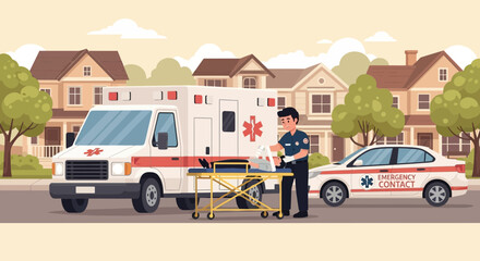 Fototapeta premium Ambulance and Emergency Medical Responder Assisting Patient on Suburban Street Scene