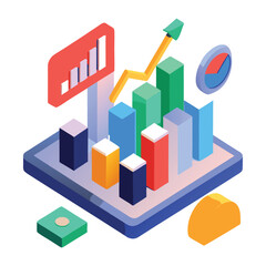 Isometric business analytics dashboard with charts and graphs data
