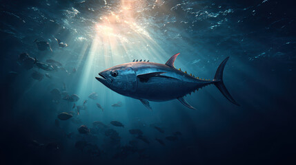 Obraz premium Majestic tuna swimming gracefully underwater ocean depths marine life photography tranquil environment side view nature conservation