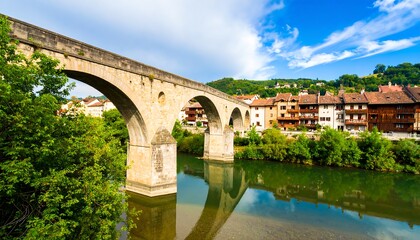 Fototapeta premium Stone arch bridge over a calm river, reflecting a quaint village nestled in the hills