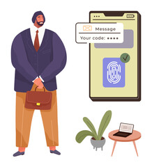 Businessman holding briefcase near smartphone screen with fingerprint scanner, verification code message. Background elements include laptop on table and potted plant. Ideal for security