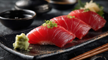 Savoring sushi fresh tuna delicacies in a japanese restaurant gourmet cuisine intimate setting close-up view culinary art