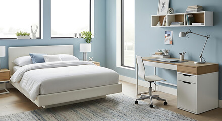 A modern bedroom with a white bed and a desk with a chair in a light blue painted room with large windows ai generated