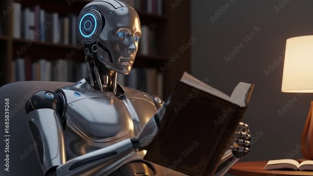 Poster robot reading a book in a library - the future of knowledge.