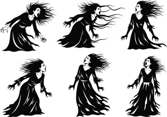 Gothic Screaming Woman Silhouettes, Haunted Female Ghost Illustrations, Spooky Horror Witches in Long Dresses with Flowing Hair Vector Set