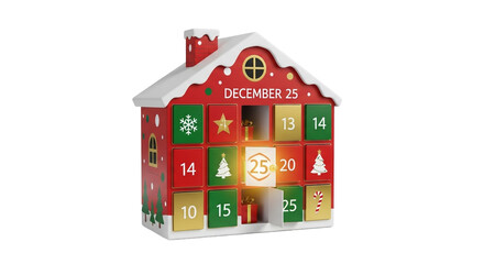 A christmas advent calendar in the shape of a house with an opened door on december twenty five