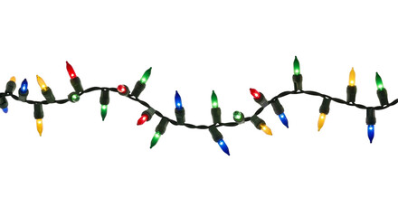 Naklejka premium A strand of christmas lights with red blue green and yellow bulbs on a black background in a horizontal line