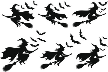 Gothic witch silhouette flying on broomstick vector, cloak billowing under full moon with bats, eerie Halloween night magic design