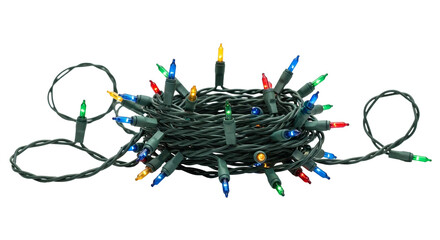 A tangled mess of christmas lights with green wire and multicolored bulbs on a black background