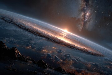 Vivid depiction of a science fiction space environment showcasing a distant galaxy and glowing planet against a cosmic backdrop