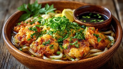 Delicious Udon Noodle Soup with Tempura and Soy Sauce on Wooden Table