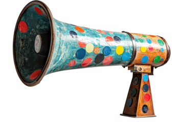 Large colorful vintage megaphone on stand, with blue, green, red, orange, yellow, and black polka dots and design, viewed from the side