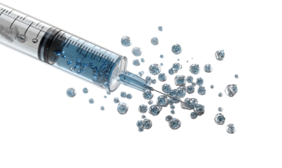 Medical syringe injecting a liquid, creating a spray of small, light-blue spheres