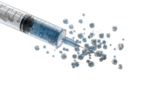 Medical syringe injecting a liquid, creating a spray of small, light-blue spheres