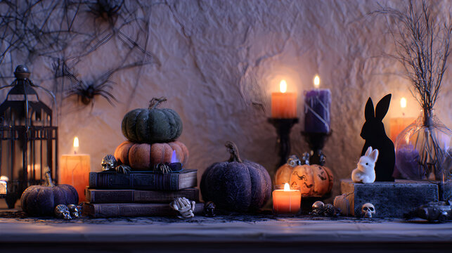 Dramatic Halloween setup features pumpkins, books, skulls and candles, casting soft glow, great for social media, Halloween decor, or holiday promotions.