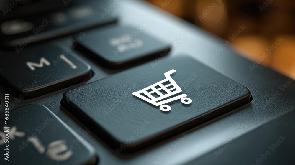 Poster focused medium shot on a shopping cart icon clicked on a laptop screen with outoffocus room elements