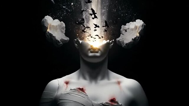 Surreal digital art of humanoid figure with clouds and birds, glowing explosion inside head stormy