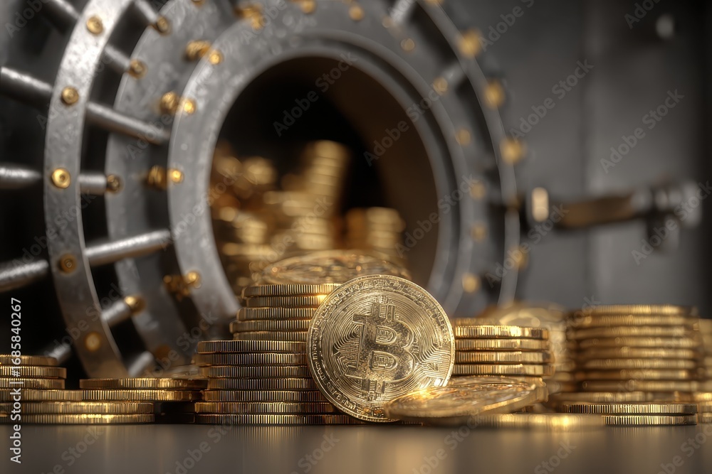 Poster secure vault filled with shining gold bitcoins stacked in piles showcasing digital currency wealth a