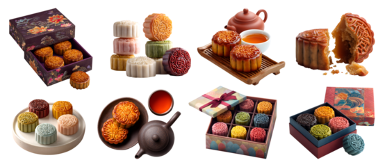 Set of mooncake, traditional and snowskin snow skin colourful Chinese Mid-Autumn Festival pastry, oriental tea set gift box platter, stack broken slice half on transparent cutout PNG. Mockup design