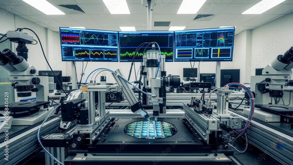 Poster wide shot of a photonic integrated circuit waferprobing station inside semiconductor testing lab wit