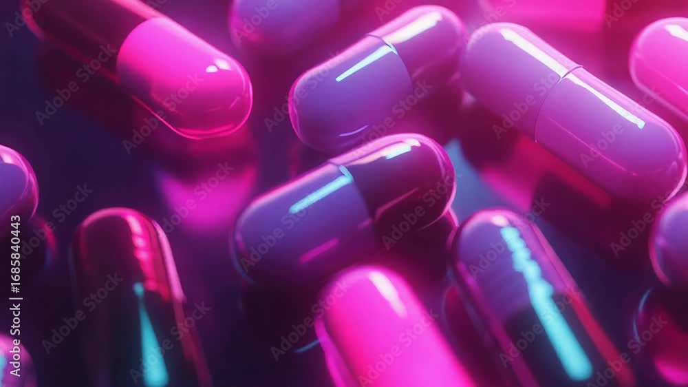 Poster pink and purple capsules creating a vibrant pattern on reflective surface