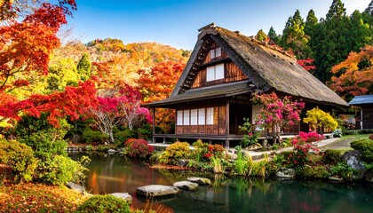 Obraz premium A traditional Japanese house with a thatched roof, nestled within a vibrant autumn garden, showcases a serene and picturesque setting.