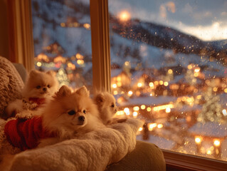 A cozy Pomeranian family with puppies in festive attire, enjoying a snowy holiday ambiance through frosted glass