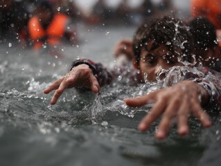 Obraz premium Child struggling to swim amidst water in a rescue situation near a crowded shoreline during a crisis event