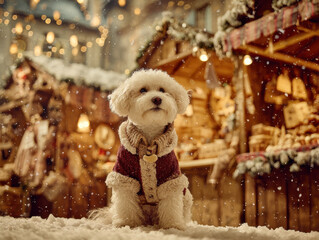 A charming Bichon Frise in a Santa costume brightens a festive holiday market, creating a magical winter atmosphere with twinkling lights