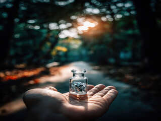 A serene hand cradling a vial of homeopathic globules in natural sunlight, embodying the essence of holistic healing and simplicity