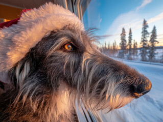 A festive Irish Wolfhound in a Santa hat gazes thoughtfully at winter's beauty through a cozy window