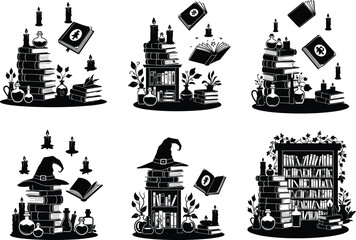 Witchy book stack vector, spell books with potion bottles, candles, herbs, witch hat, magical library shelf, Halloween aesthetic clipart