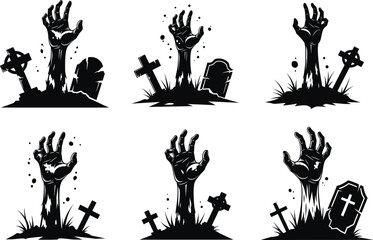 Zombie hand rising from grave with tombstones and crosses, spooky Halloween night, scary undead silhouette in creepy cemetery scene.