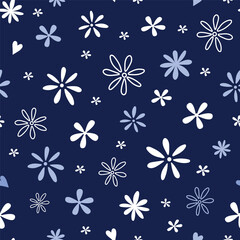 Seamless floral pattern with hand-drawn daisy style flowers on a dark navy background. Playful botanical elements in white and light lavender tones for textiles, wrapping or spring, summer theme