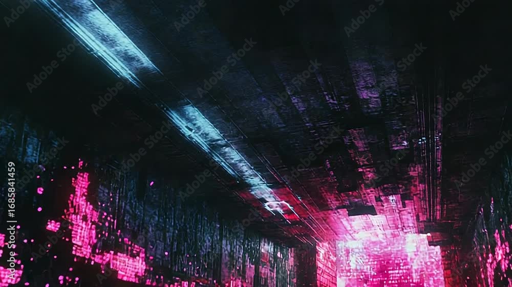 Poster glowing pink binary code illuminating dark futuristic tunnel