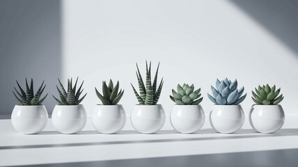 Collection of small, potted succulents in white ceramic pots, arranged neatly against a clean white background