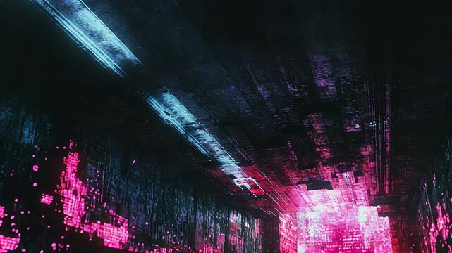 Glowing pink binary code illuminating dark futuristic tunnel