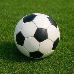 Fototapeta premium Classic black and white soccer ball resting on vibrant green grass, ready for a match on the field, symbolizing sport, competition, and outdoor recreation.