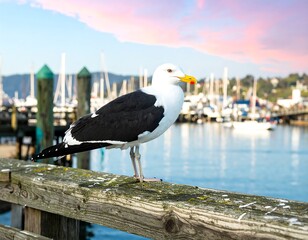 Seagull on dock at marina at sunset