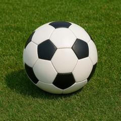 Fototapeta premium A classic black and white soccer ball rests on a vibrant green grass field under natural sunlight, capturing the essence of sport, competition, and outdoor activity.
