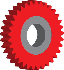 Red spur gear pinion vector illustration showing detailed 3D mechanical cogwheel design. Perfect for engineering, machinery, industrial, and technical design projects.