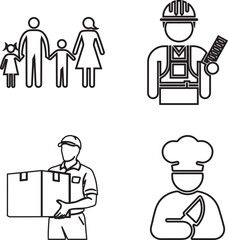 Vector icon set showing family, construction worker, delivery man, and chef. Simple outline style for web, apps, presentations, and infographic design.
